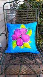Decorative Pillow Cover, Summer Handmade & Hand Dyed Pink Hibiscus Batik, Great Pinks, Purples Blues - Fits A 18 - thumbnail 1