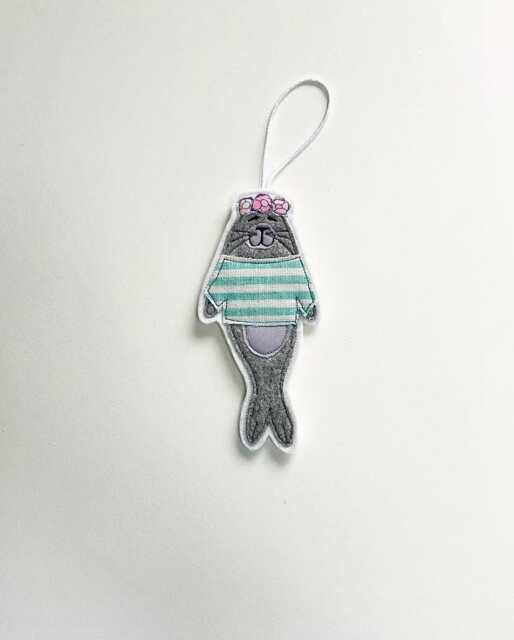 Embroidered Seal Christmas Ornament, Floral Crown, Striped Top - image 1
