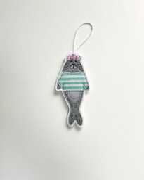 Embroidered Seal Christmas Ornament, Floral Crown, Striped Top - thumbnail 1