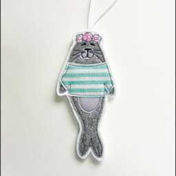 Embroidered Seal Christmas Ornament, Floral Crown, Striped Top - thumbnail 3