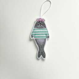 Embroidered Seal Christmas Ornament, Floral Crown, Striped Top - thumbnail 2