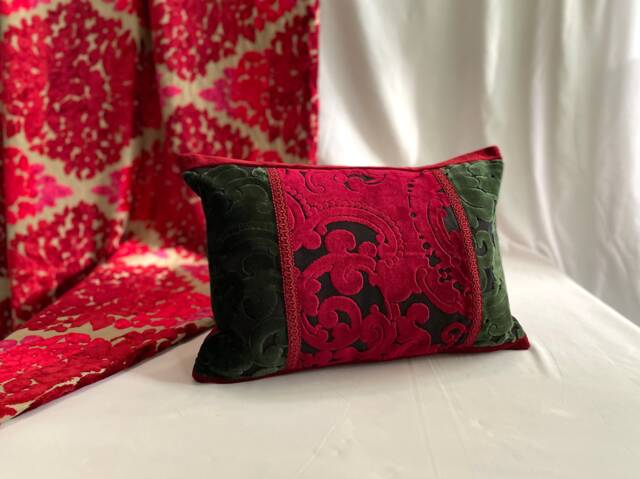 "Designers Guild Velvet Pillow Green, Black, Red Decorative Cushion - 20""x 14" - image 1