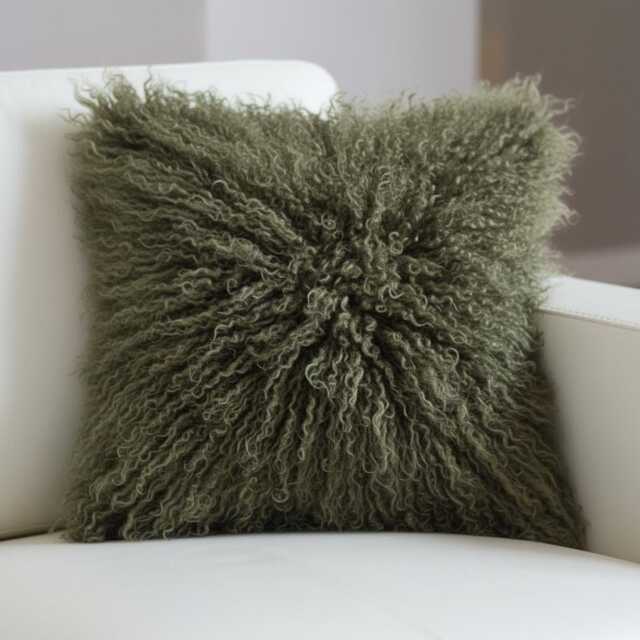 Olive Green Mongolian Sheepskin Fur Cushion Made To Order Custom Sizes Double/Single Sided - image 1