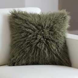 Olive Green Mongolian Sheepskin Fur Cushion Made To Order Custom Sizes Double/Single Sided - thumbnail 1