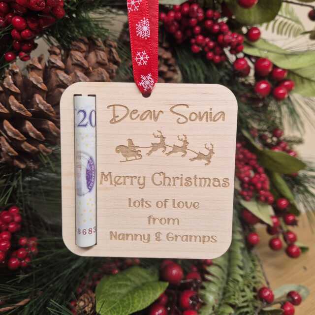 Personalised Christmas Money Holder, Stocking Filler Cash Gift, Holder Tree Ornament, Xmas Custom Wallet - image 1