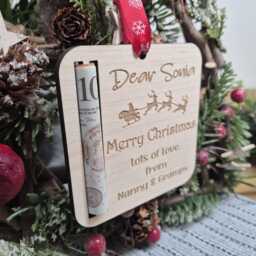 Personalised Christmas Money Holder, Stocking Filler Cash Gift, Holder Tree Ornament, Xmas Custom Wallet - thumbnail 2