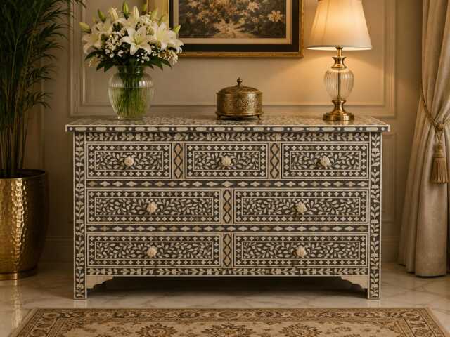 Designer Bone Inlay Cabinet Grey Floral Pattern Chest Of 7 Drawers - image 1
