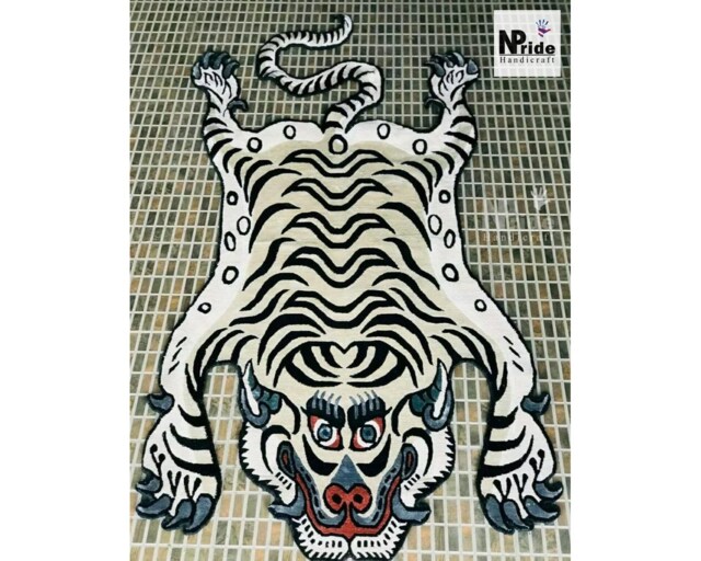 Tibetan Snow Tiger Silk Rug Handknotted Nepal - White Silver Luxury Buddhist Meditation Carpet - image 1