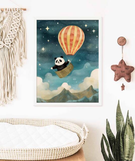 Panda Hot Air Balloon Nursery Print, Wall Art Baby Animal Prints, Decor, Cute Poster - image 1
