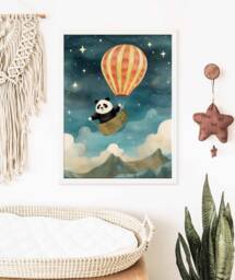 Panda Hot Air Balloon Nursery Print, Wall Art Baby Animal Prints, Decor, Cute Poster - thumbnail 1