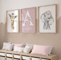 Girls Nursery Prints, Safari Prints, Girls Decor, Baby Girl Room, Jungle Nursery, Safari Animal, Floral Nursery, Pink, Personalised - thumbnail 1