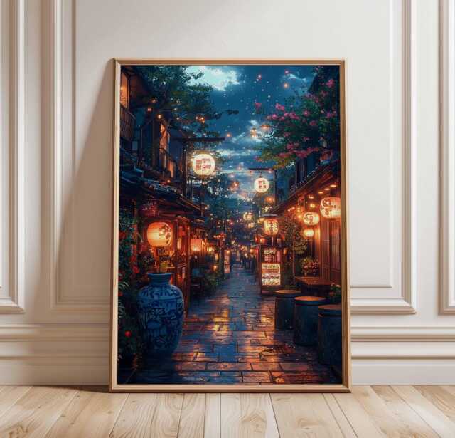 Tokyo Street Poster, Japanese Night Scene, Urban Art Print, City Lights, Vintage Art, Neon - image 1