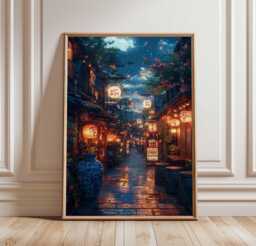 Tokyo Street Poster, Japanese Night Scene, Urban Art Print, City Lights, Vintage Art, Neon - thumbnail 1