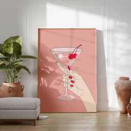 Cherry Cocktail Poster, Feminine Bar Wall Art, Retro Martini Glass Print, Glamorous Drink Decor, Pink Pop Art Illustration - thumbnail 4