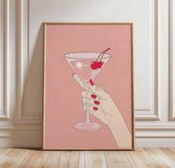 Cherry Cocktail Poster, Feminine Bar Wall Art, Retro Martini Glass Print, Glamorous Drink Decor, Pink Pop Art Illustration - thumbnail 1
