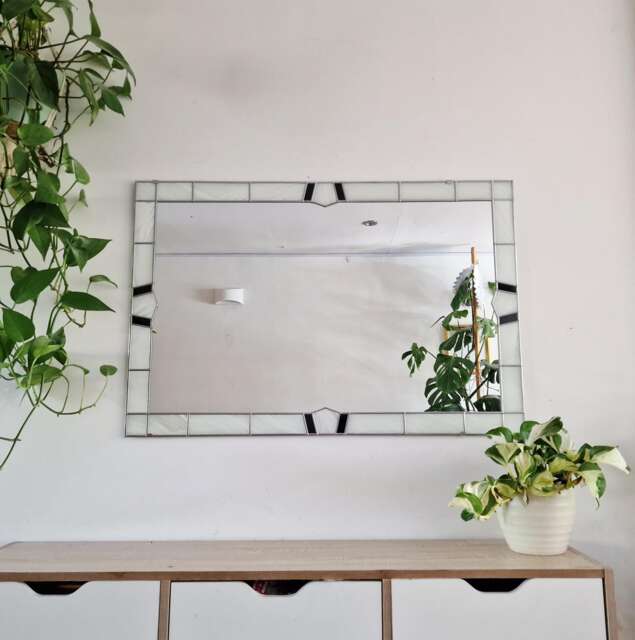 Art Deco Large Mirror Stained Glass Style Leaded 60x90cm 2x3Ft White Frame Black Inserts - image 1