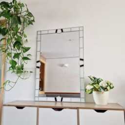 Art Deco Large Mirror Stained Glass Style Leaded 60x90cm 2x3Ft White Frame Black Inserts - thumbnail 2