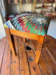 Handcrafted Kilim Stool, Vintage Ottoman Chair, Turkish Boho Decor, Beech Wood Legs, Colorful Accent Artisan Furniture