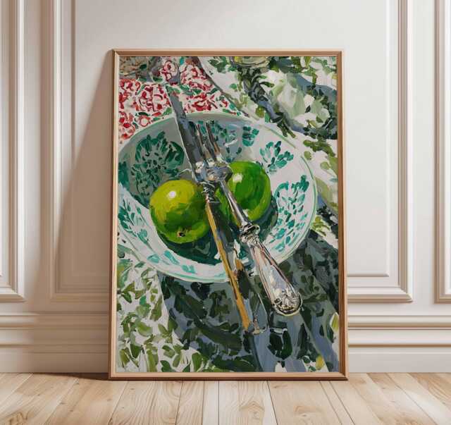 Lime Kitchen Wall Art, Rustic Still Life Poster, Green Fruit Painting Print, Farmhouse Dining Room Decor, Mediterranean Food Artwork - image 1