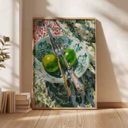 Lime Kitchen Wall Art, Rustic Still Life Poster, Green Fruit Painting Print, Farmhouse Dining Room Decor, Mediterranean Food Artwork - thumbnail 2