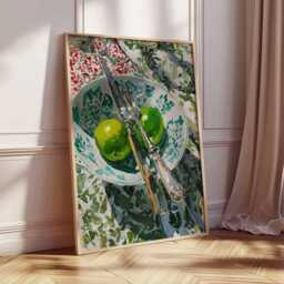 Lime Kitchen Wall Art, Rustic Still Life Poster, Green Fruit Painting Print, Farmhouse Dining Room Decor, Mediterranean Food Artwork - thumbnail 3