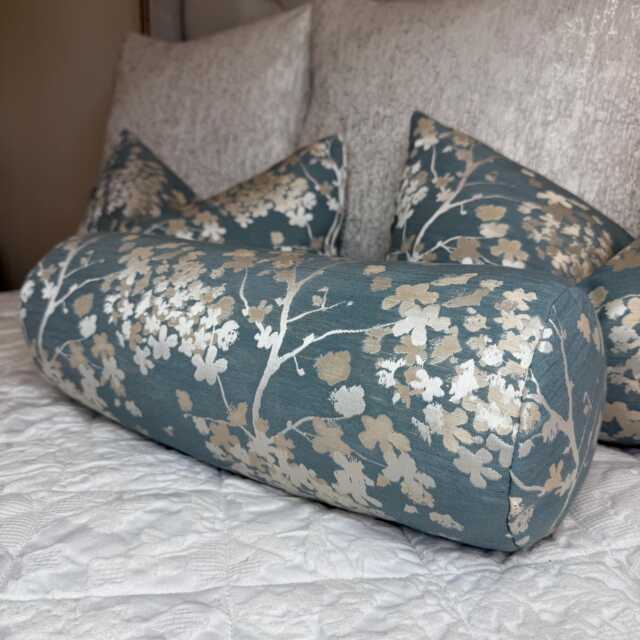 "Darcey Floral Bolster Cushion Duck Egg Silver Grey Accent Pillow - 16"" X 6" - image 1