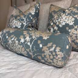 "Darcey Floral Bolster Cushion Duck Egg Silver Grey Accent Pillow - 16"" X 6" - thumbnail 4