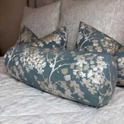 "Darcey Floral Bolster Cushion Duck Egg Silver Grey Accent Pillow - 16"" X 6" - thumbnail 1