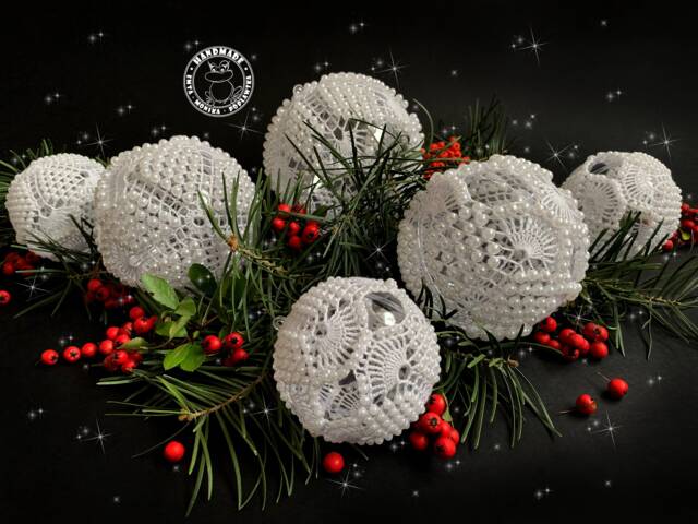 Crochet Bauble With Beads White Lace Christmas Ornament - image 1