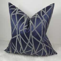 Geometric - Indigo Blue Designer Clarke & Cushion Cover Glamorous Fabric, Modern Sofa Bed Pillow Accent Home Decor - thumbnail 2