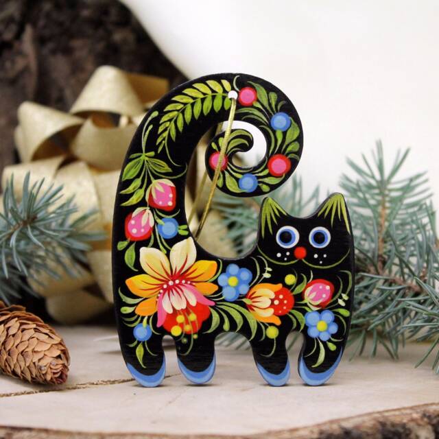 Christmas Ornaments Black Cat, Handmade Tree Pet Decorationshand Painted Wooden Ornaments Ukrainian Petrykivka Painting - image 1