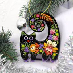 Christmas Ornaments Black Cat, Handmade Tree Pet Decorationshand Painted Wooden Ornaments Ukrainian Petrykivka Painting - thumbnail 3
