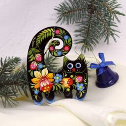 Christmas Ornaments Black Cat, Handmade Tree Pet Decorationshand Painted Wooden Ornaments Ukrainian Petrykivka Painting - thumbnail 2