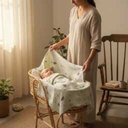 Organic Cotton Muslin Baby Blanket, Soft Newborn Swaddle - thumbnail 4