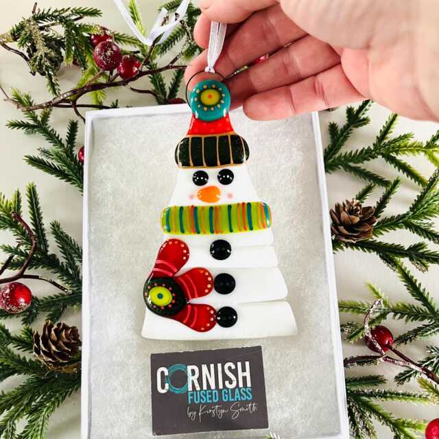Gorgeous Traditional Fused Glass Snowman Christmas Decoration - Tree Decoration, Fused Cornwall, Cornish - image 1