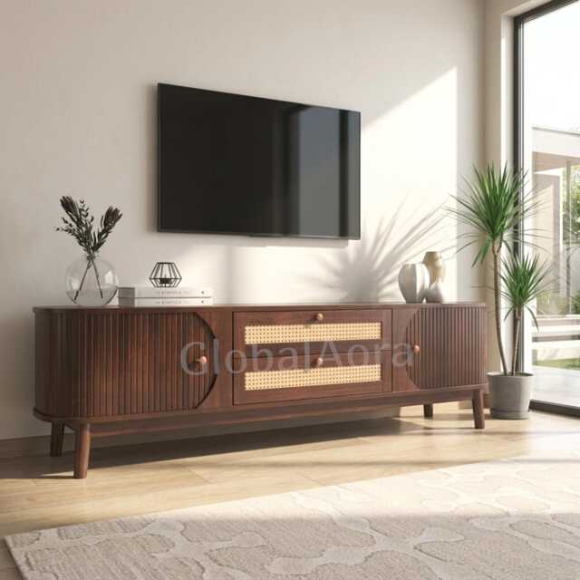 Globalaora Wood Tv Stand Console With Sliding Door Faux Rattan & Walnut Media Cabinet Modern Rustic Unit - image 1