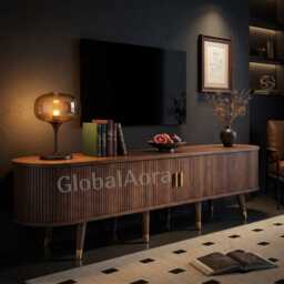 Globalaora Wood Tv Stand Console With Sliding Door Faux Rattan & Walnut Media Cabinet Modern Rustic Unit - thumbnail 3