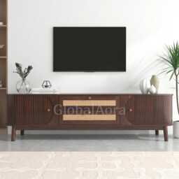 Globalaora Wood Tv Stand Console With Sliding Door Faux Rattan & Walnut Media Cabinet Modern Rustic Unit - thumbnail 4