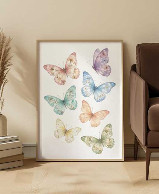 Watercolor Botanical Butterflies Art Print Pastel Dreamy Spring Wall Decor - image 1