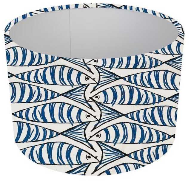 Blue & White Sardine Fish Drum Lampshade, Nautical Decor - image 1