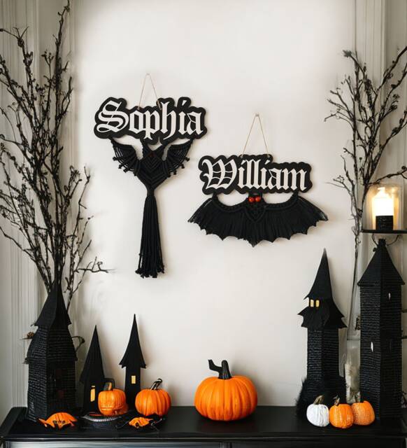 Macrame Bat Name Sign, Wall Decor, Nursery Room Door Halloween Hanging, Spooky V06 - image 1