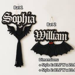 Macrame Bat Name Sign, Wall Decor, Nursery Room Door Halloween Hanging, Spooky V06 - thumbnail 2