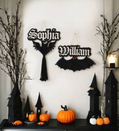 Macrame Bat Name Sign, Wall Decor, Nursery Room Door Halloween Hanging, Spooky V06 - thumbnail 1