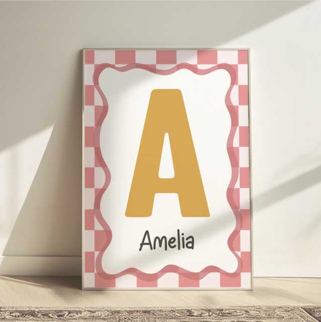 Personalised Girl Initial Print in Mustard Yellow & Pink, Retro Checkered Print, Teen Bedroom Decor, Nursery Prints - image 1