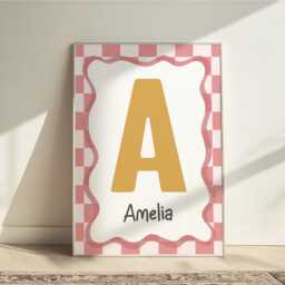 Personalised Girl Initial Print in Mustard Yellow & Pink, Retro Checkered Print, Teen Bedroom Decor, Nursery Prints - thumbnail 1