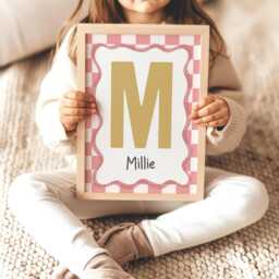 Personalised Girl Initial Print in Mustard Yellow & Pink, Retro Checkered Print, Teen Bedroom Decor, Nursery Prints - thumbnail 3