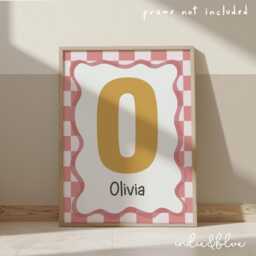 Personalised Girl Initial Print in Mustard Yellow & Pink, Retro Checkered Print, Teen Bedroom Decor, Nursery Prints - thumbnail 2