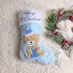 Personalised Blue Teddy Bear Christmas Stocking. Baby's First Boy's Xmas Stocking For Kids. Bear - thumbnail 2