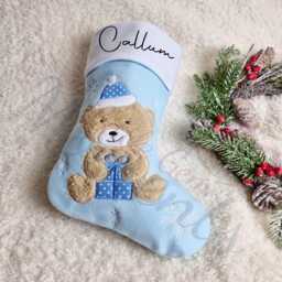 Personalised Blue Teddy Bear Christmas Stocking. Baby's First Boy's Xmas Stocking For Kids. Bear