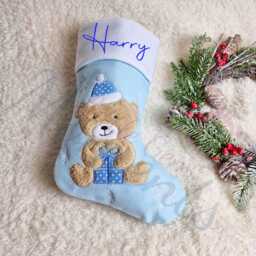 Personalised Blue Teddy Bear Christmas Stocking. Baby's First Boy's Xmas Stocking For Kids. Bear - thumbnail 3